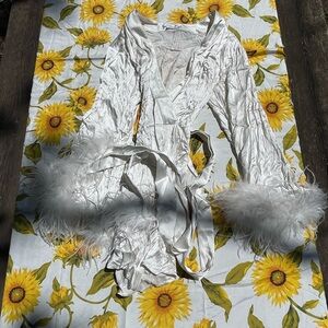 Lovers + Friends “Mrs” Satin White Feather Trim Robe